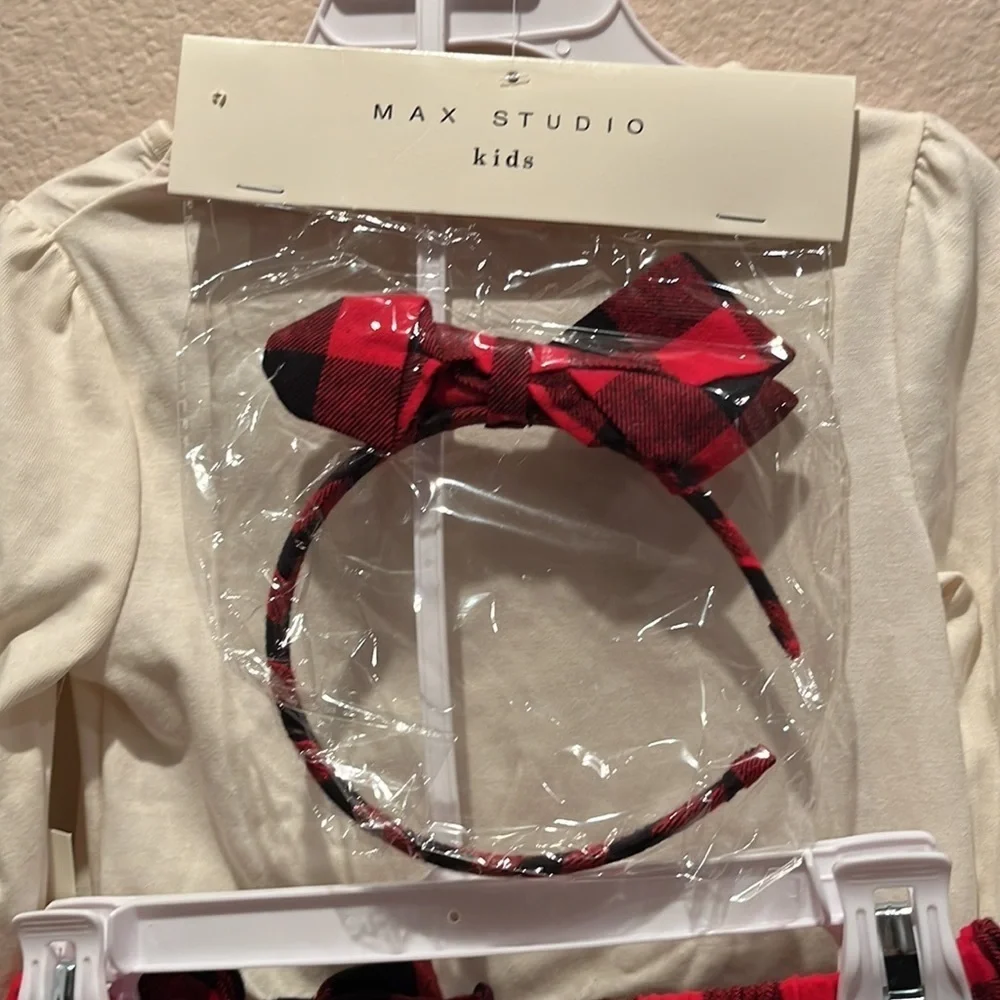 New Max Studio Girl’s Buffalo Plaid Check Heart 3 piece outfit NWT